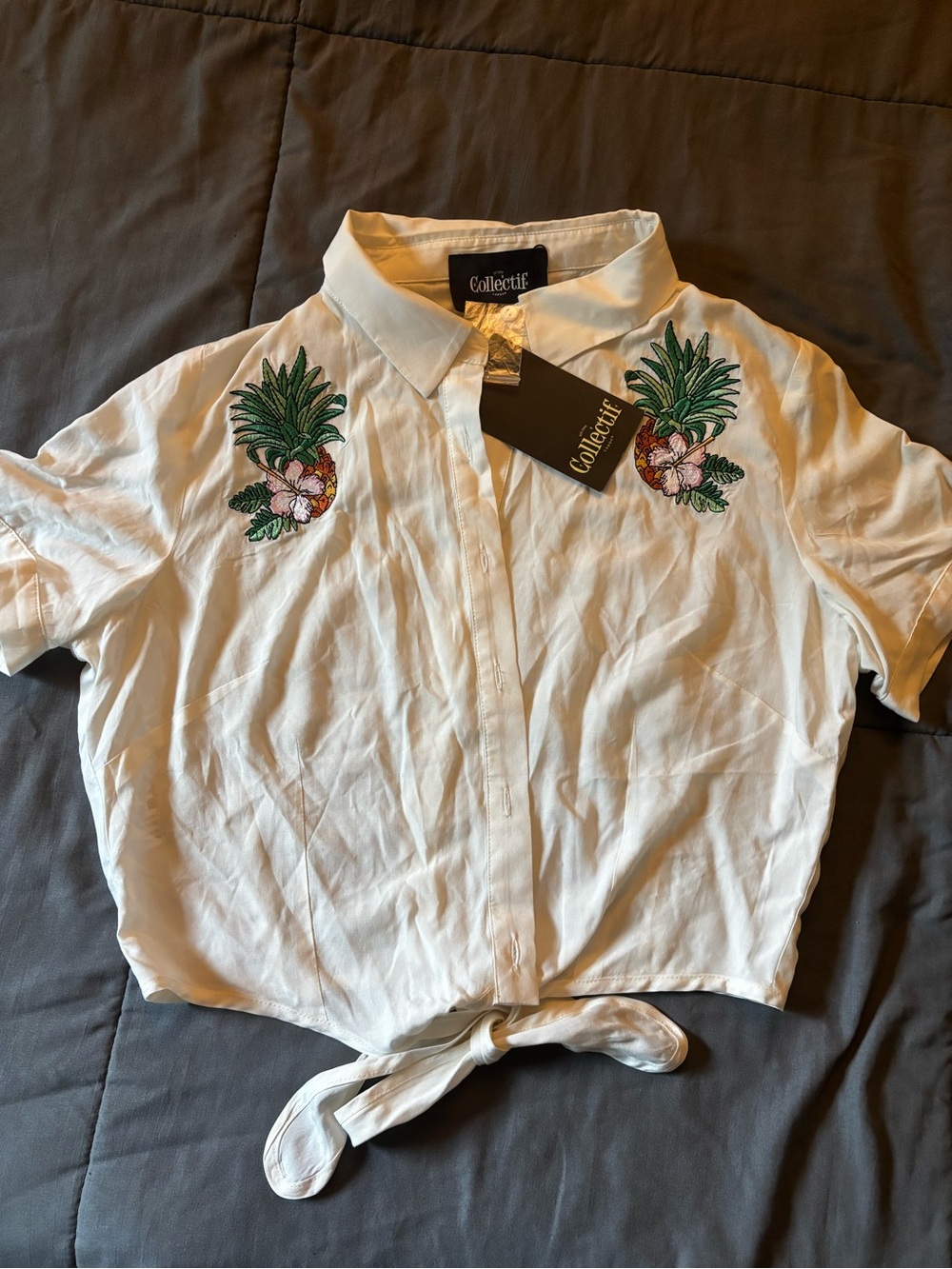 Collectif White Crop Tie-Front Shirt with Green Pineapple Embroidery